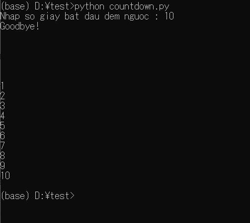 Code đếm ngược thời gian Python start